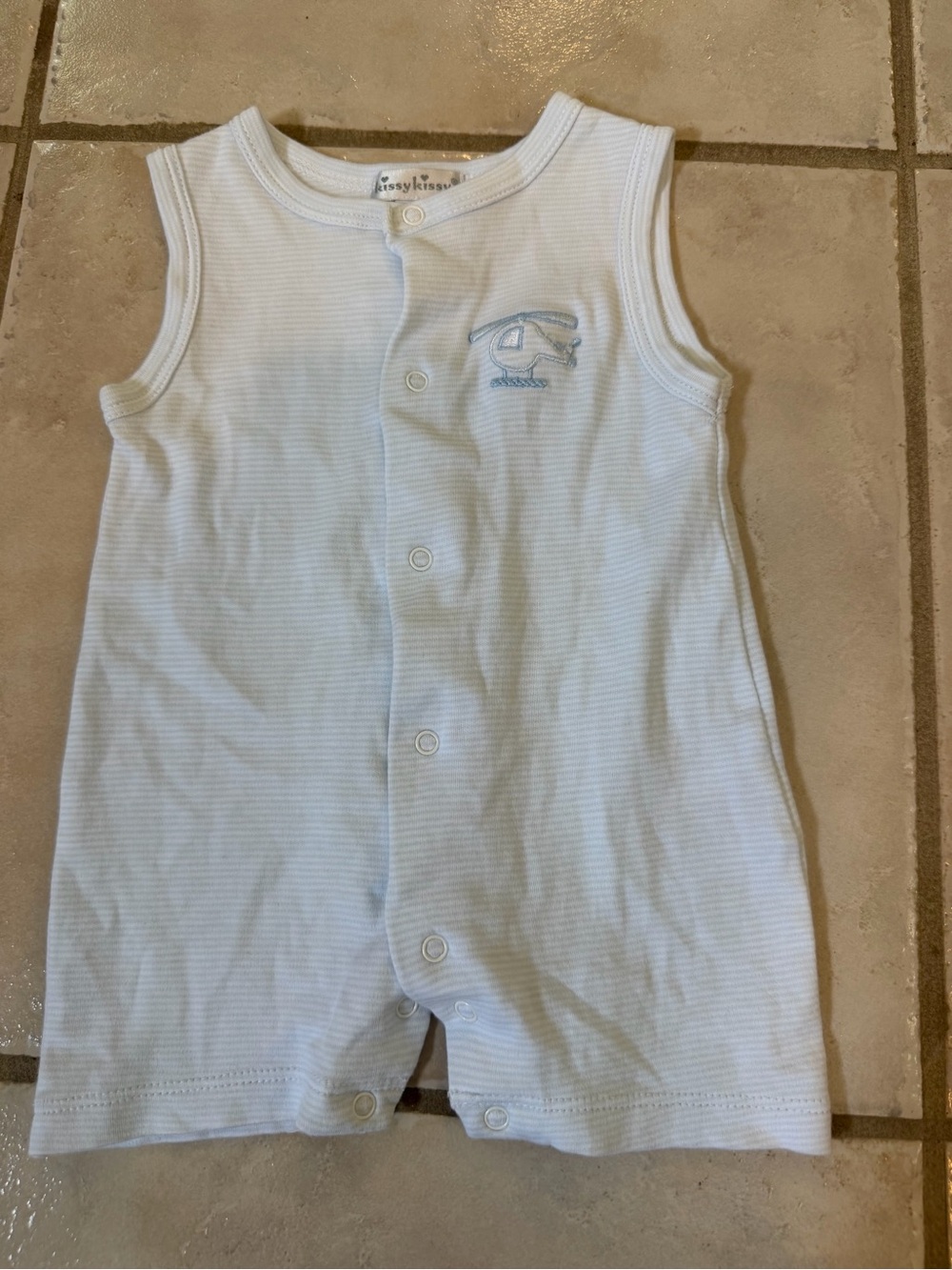 Kissy Kissy Pale Blue Striped Sleeveless Romper with Airplane Embroidery